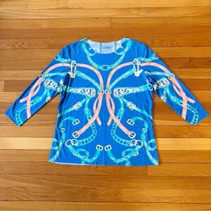 J. McLaughlin Blue Riley Equestrian Raw Edge 3/4 Sleeve Bit Bridle Print Medium